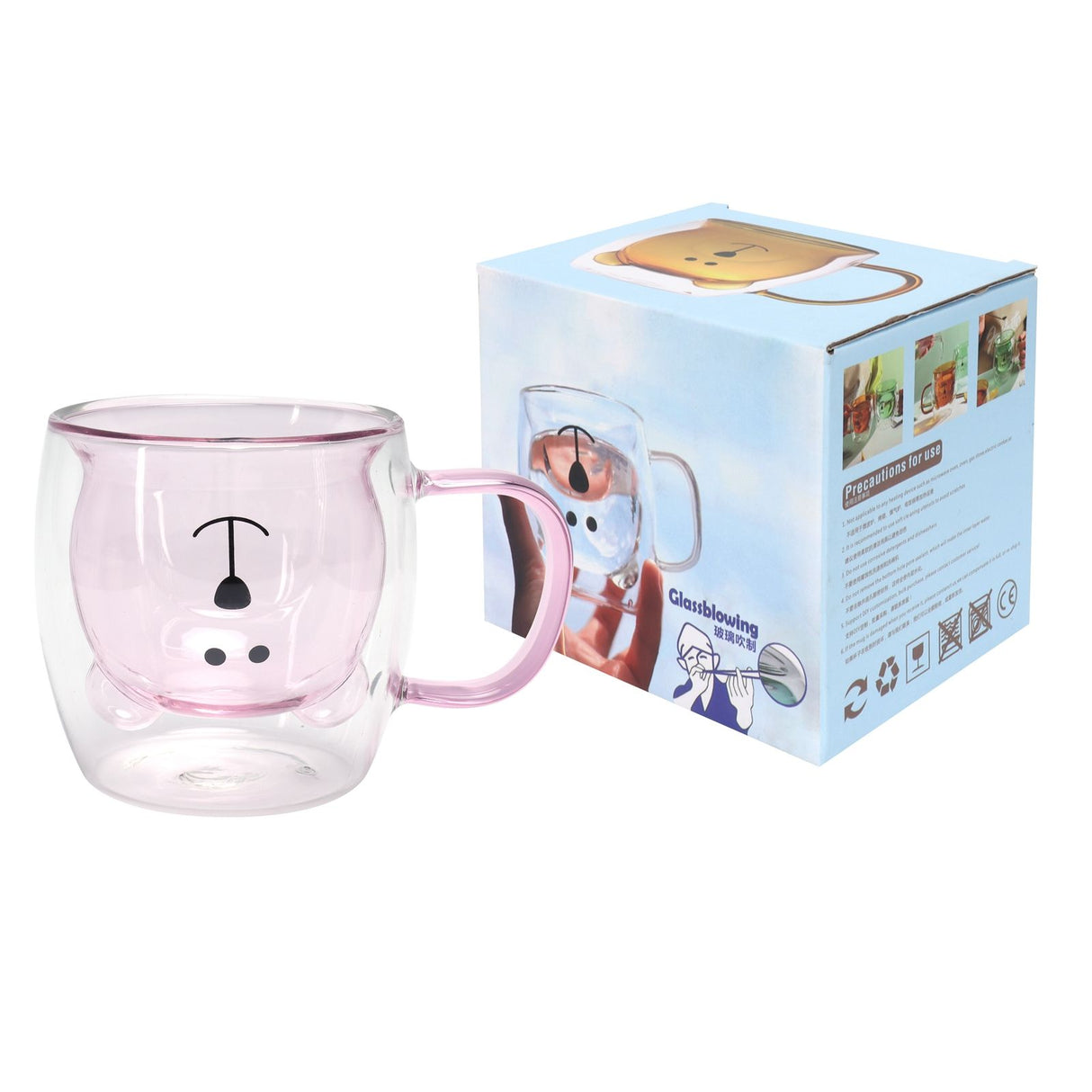 250ml Bear Shaped Glass Cup Double Wall Water Tea Coffee Milk Mug with Handle for HomePink