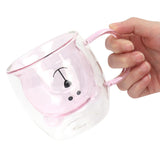 250ml Bear Shaped Glass Cup Double Wall Water Tea Coffee Milk Mug with Handle for HomePink