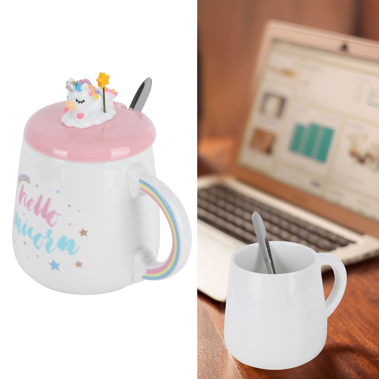 Animal Mug Spoon Water Cup with Lid Cute Ceramic Mug Coffee Cup Drinking AccessoriesType 3