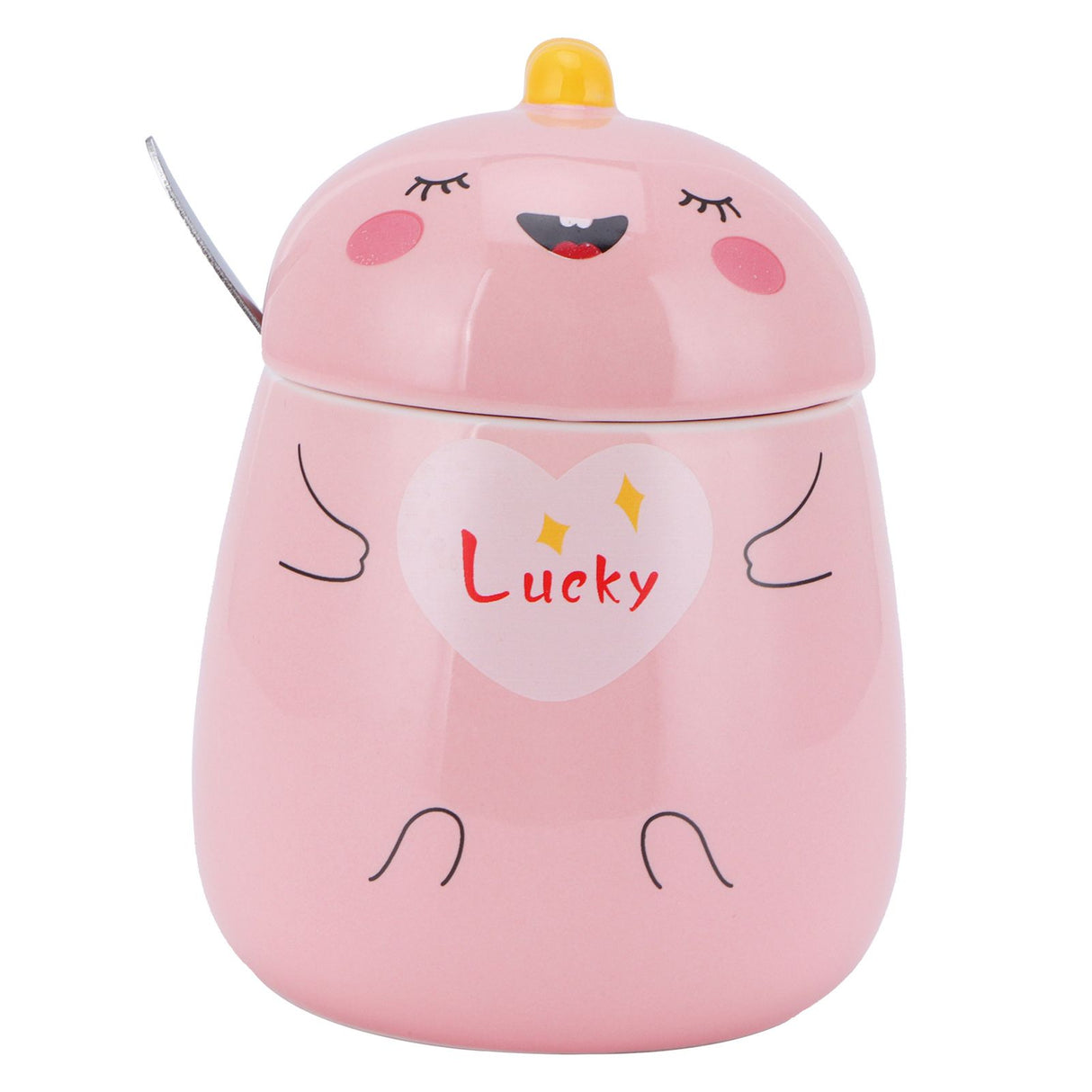 450ml Cute Ceramic Cup with Lid Spoon Water Cup Coffee Mug Girl Gift for Home OfficePink Lucky
