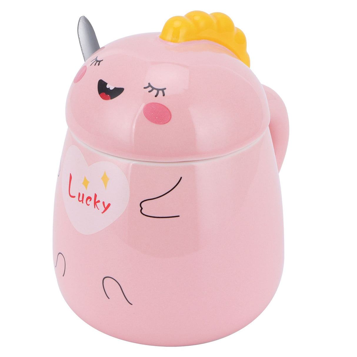 450ml Cute Ceramic Cup with Lid Spoon Water Cup Coffee Mug Girl Gift for Home OfficePink Lucky