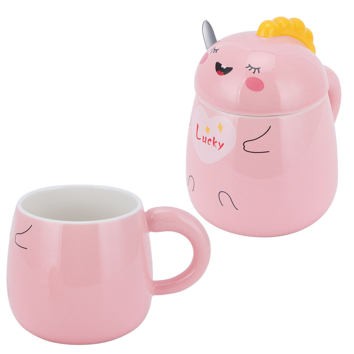 450ml Cute Ceramic Cup with Lid Spoon Water Cup Coffee Mug Girl Gift for Home OfficePink Lucky