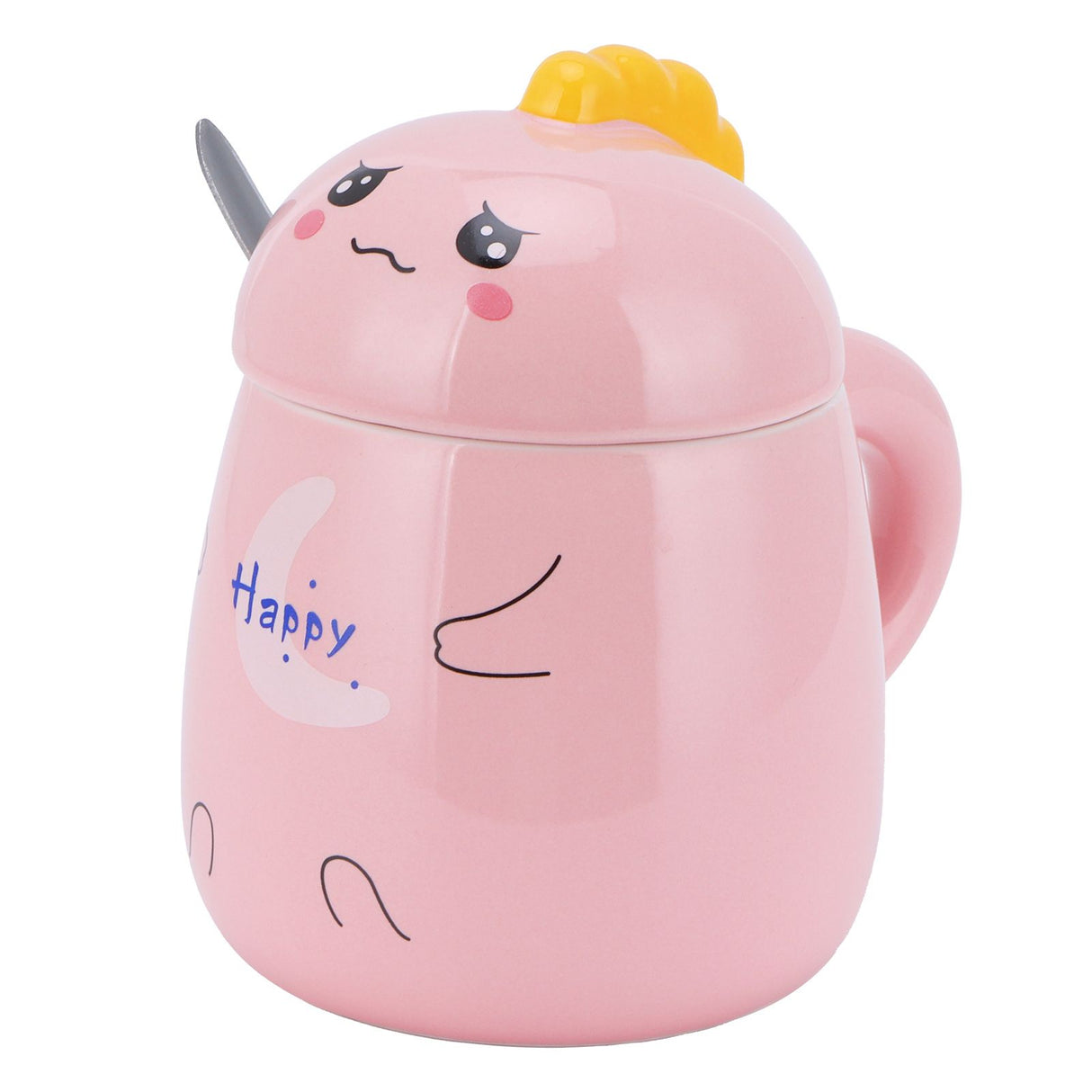 450ml Cute Ceramic Cup with Lid Spoon Water Cup Coffee Mug Girl Gift for Home OfficePink Happy