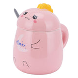 450ml Cute Ceramic Cup with Lid Spoon Water Cup Coffee Mug Girl Gift for Home OfficePink Happy