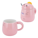 450ml Cute Ceramic Cup with Lid Spoon Water Cup Coffee Mug Girl Gift for Home OfficePink Happy