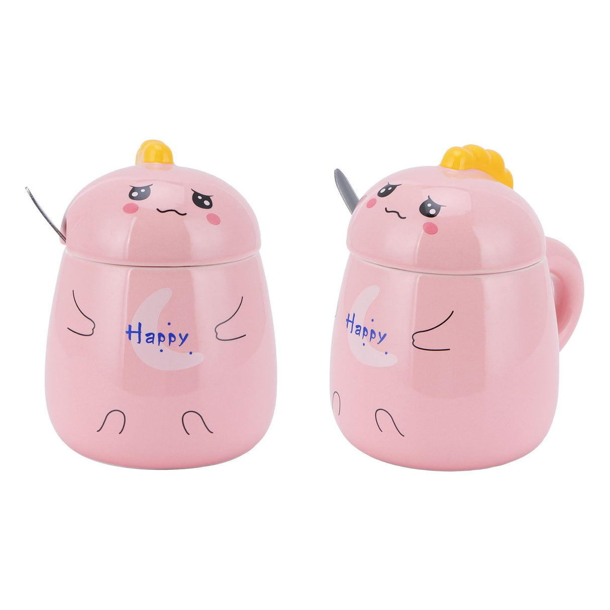 450ml Cute Ceramic Cup with Lid Spoon Water Cup Coffee Mug Girl Gift for Home OfficePink Happy
