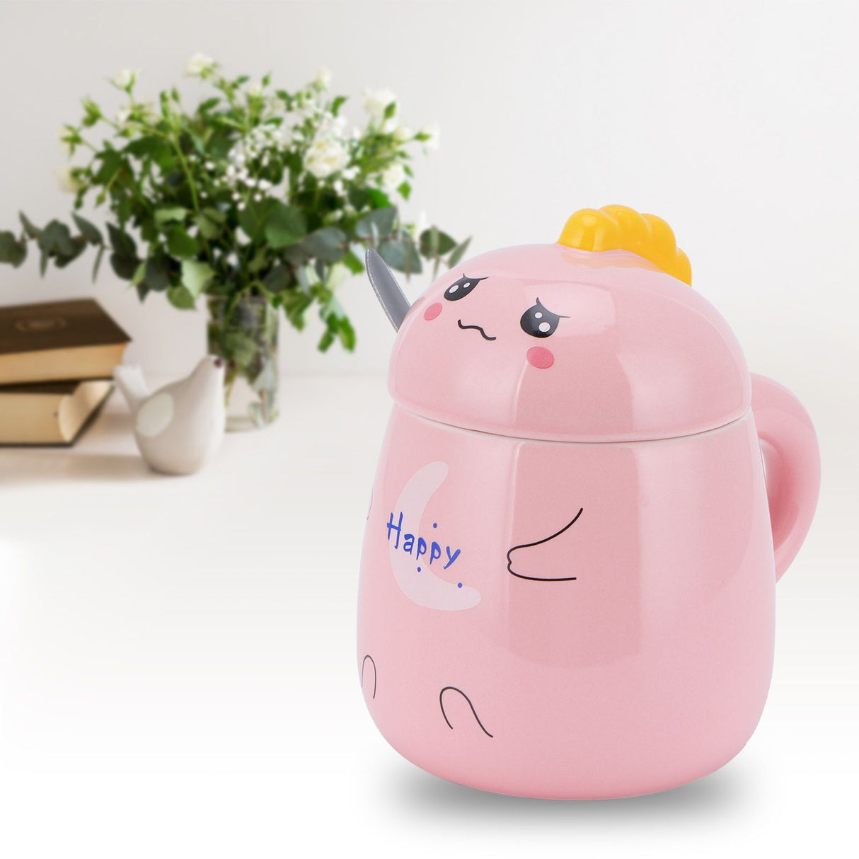 450ml Cute Ceramic Cup with Lid Spoon Water Cup Coffee Mug Girl Gift for Home OfficePink Happy
