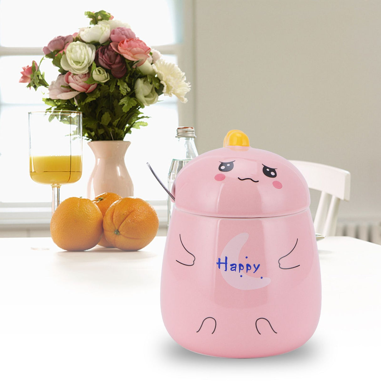 450ml Cute Ceramic Cup with Lid Spoon Water Cup Coffee Mug Girl Gift for Home OfficePink Happy