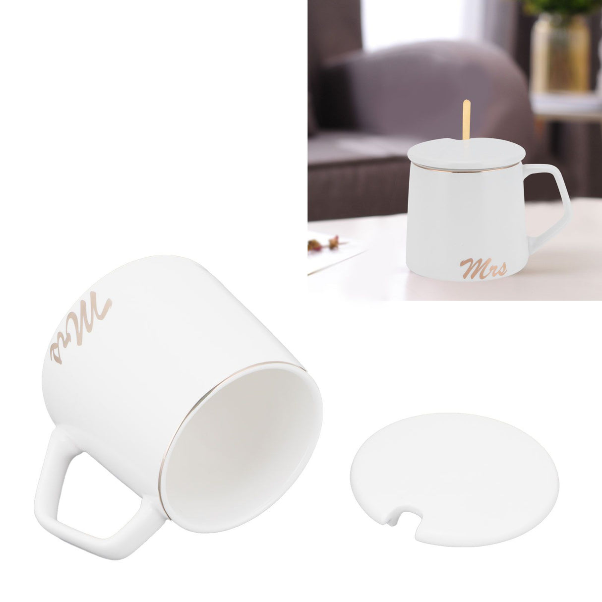 320ml Fashon Ceramic Cup Coffee Mug Cup with Lid Spoon Present Gift for Home OfficeWhite M Letter