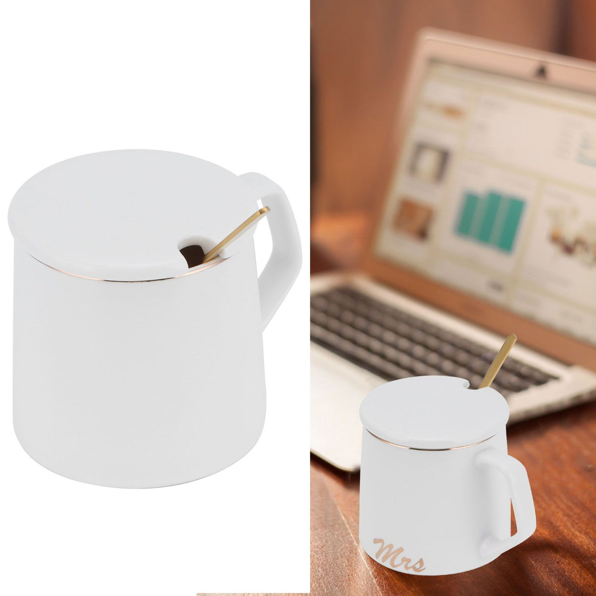 320ml Fashon Ceramic Cup Coffee Mug Cup with Lid Spoon Present Gift for Home OfficeWhite M Letter