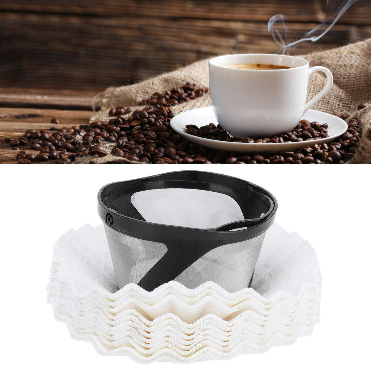 Coffee Filter Basket Cup with 100Pcs Filter Papers Filtering Tool Coffee Machine Accessories