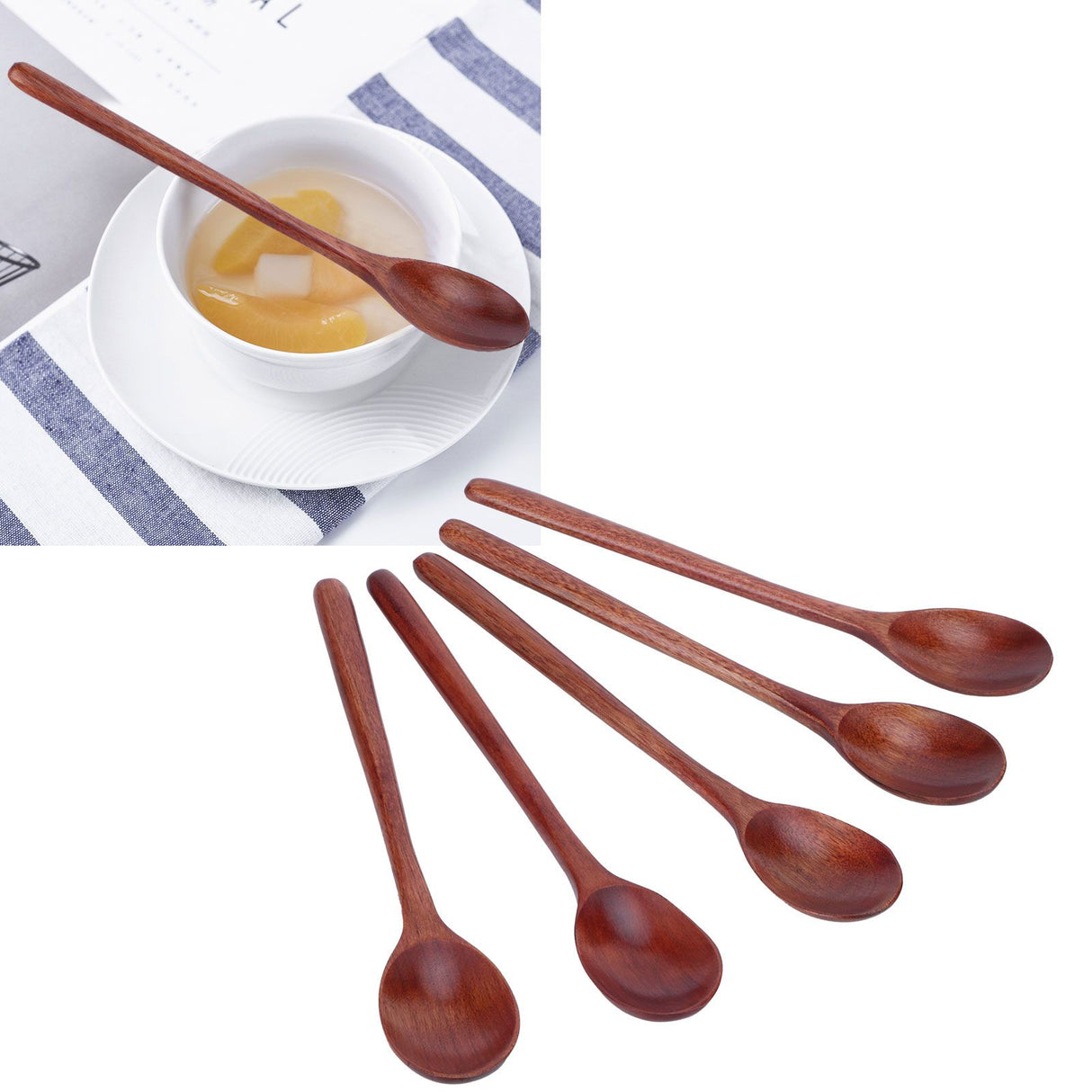 5PCS Wooden Spoon with Long Handle Soup Spoon for Barbecue Camping Party Home KitchenPaint Color