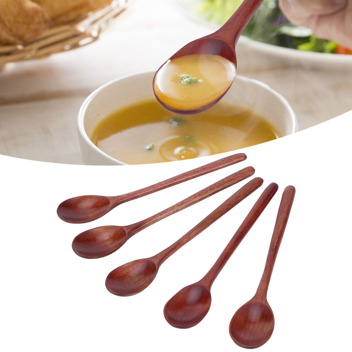 5PCS Wooden Spoon with Long Handle Soup Spoon for Barbecue Camping Party Home KitchenPaint Color