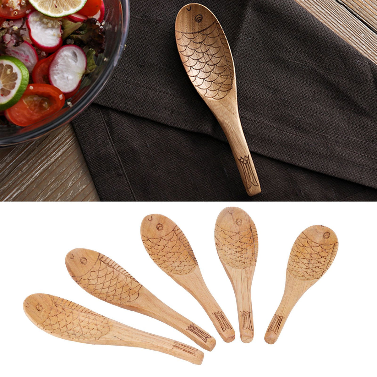 5Pcs Wood Rice Spoon Innovative FishShaped Carving Soup Ladle Tableware Kitchen Utensil