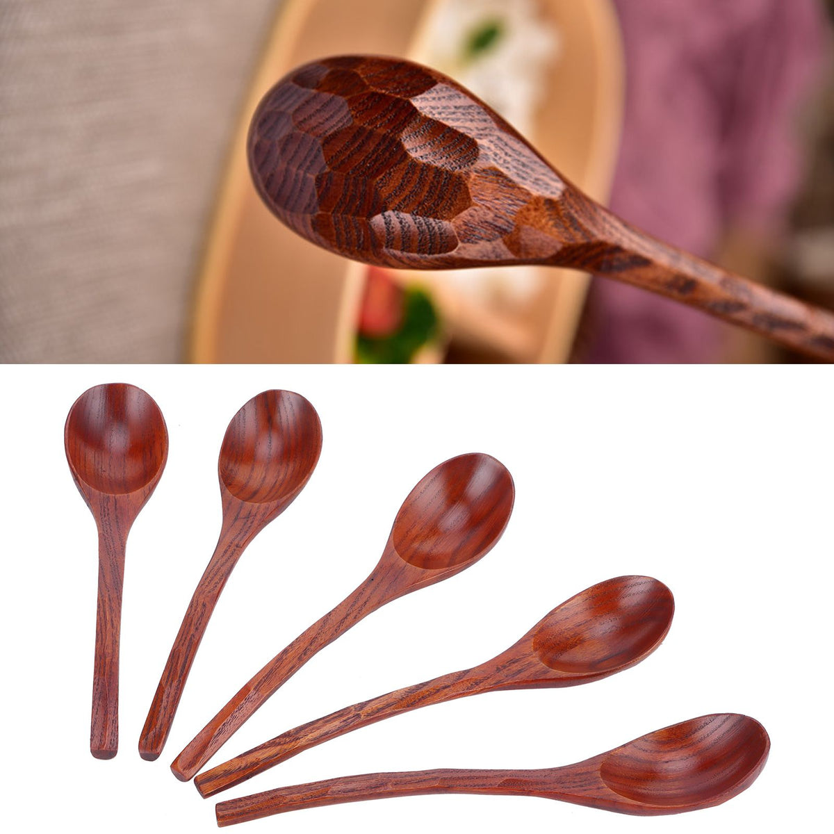 5PCS Japanese Style Wood Spoon Long Handle Soup Spoons Household Tableware Kitchen Tools