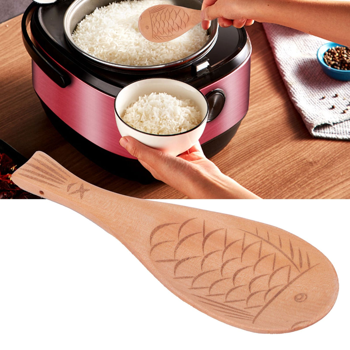 Fish Shaped Wood Rice Paddle Non Stick Rice Serving Spoon Scoop for Household Kitchen Supplies