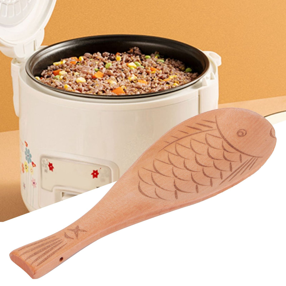 Fish Shaped Wood Rice Paddle Non Stick Rice Serving Spoon Scoop for Household Kitchen Supplies