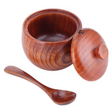 Wooden Salt Box with Lid Spoon Vintage Spice Jar Seasoning Container Cooking Utensil - Front View
