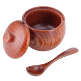 Wooden Salt Box with Lid Spoon Vintage Spice Jar Seasoning Container Cooking Utensil