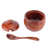 Wooden Salt Box with Lid Spoon Vintage Spice Jar Seasoning Container Cooking Utensil - Top-Down View