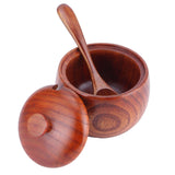 Wooden Salt Box with Lid Spoon Vintage Spice Jar Seasoning Container Cooking Utensil - Close-Up Angle