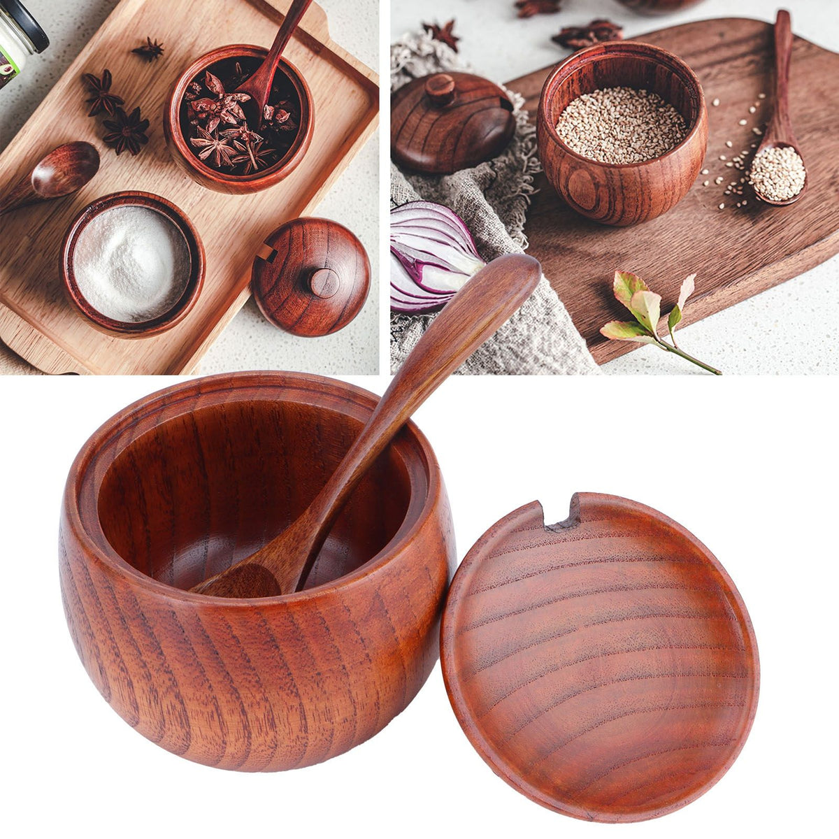 Wooden Salt Box with Lid Spoon Vintage Spice Jar Seasoning Container Cooking Utensil