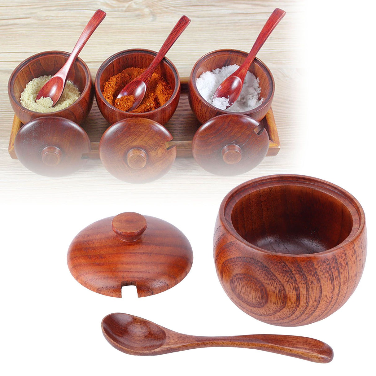 Wooden Salt Box with Lid Spoon Vintage Spice Jar Seasoning Container Cooking Utensil
