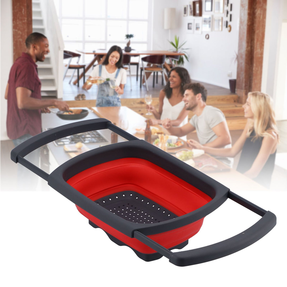 Folding Drain Basket Retractable Fruit Vegetable Washing Draining Basket for Home Kitchen UseRed
