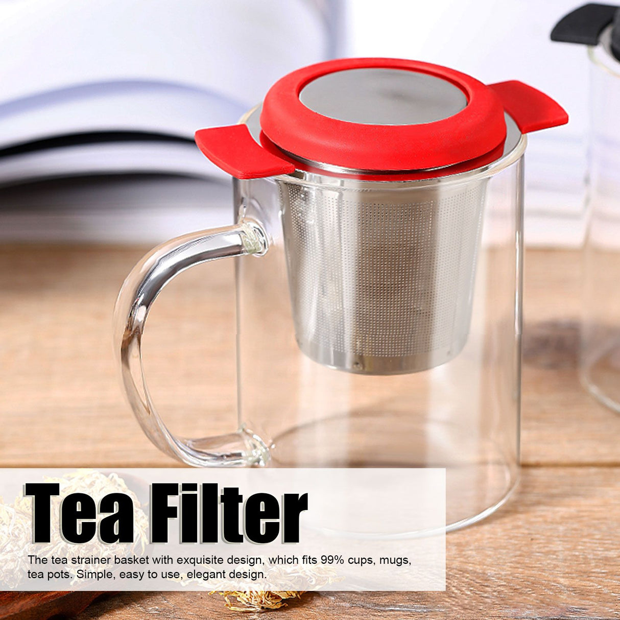 Tea Strainer Loose Leaf Tea Infuser Basket Fine Mesh Filter with Lid Teaware for Cup(Red Silicone Stainless Steel )