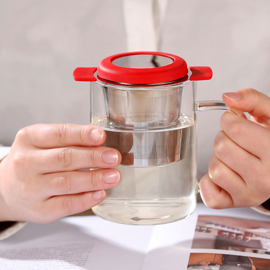 Tea Strainer Loose Leaf Tea Infuser Basket Fine Mesh Filter with Lid Teaware for Cup(Red Silicone Stainless Steel )