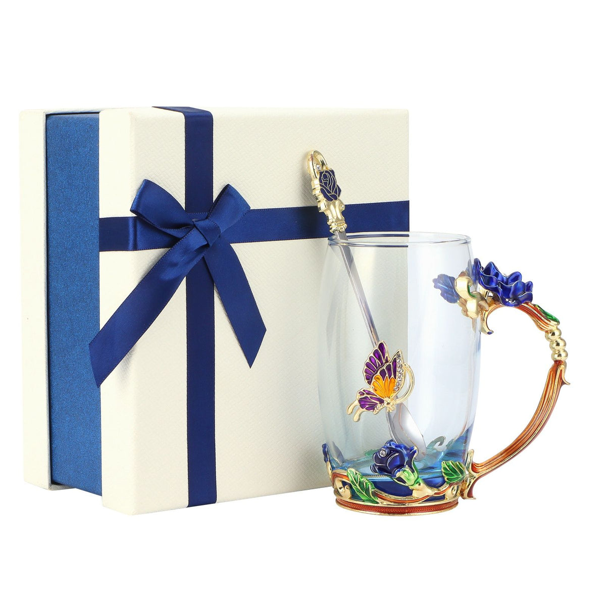 Glass Cup Innovative Flower Tea Cup with Spoon Drink Mug Birthday Christmas Festive GiftsBlue Rose 350ML