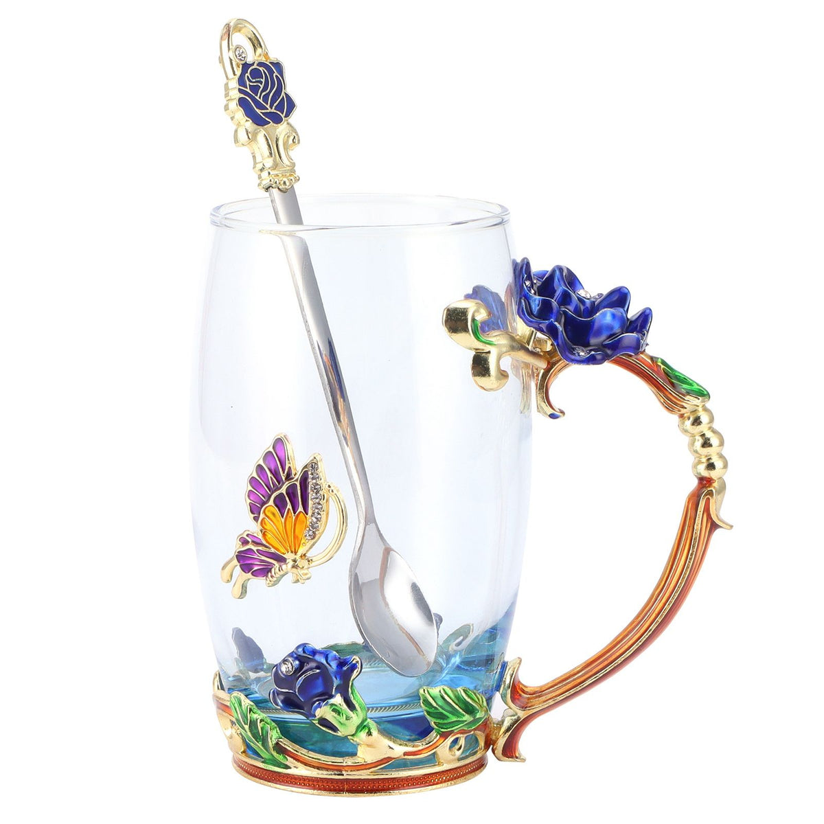 Glass Cup Innovative Flower Tea Cup with Spoon Drink Mug Birthday Christmas Festive GiftsBlue Rose 350ML