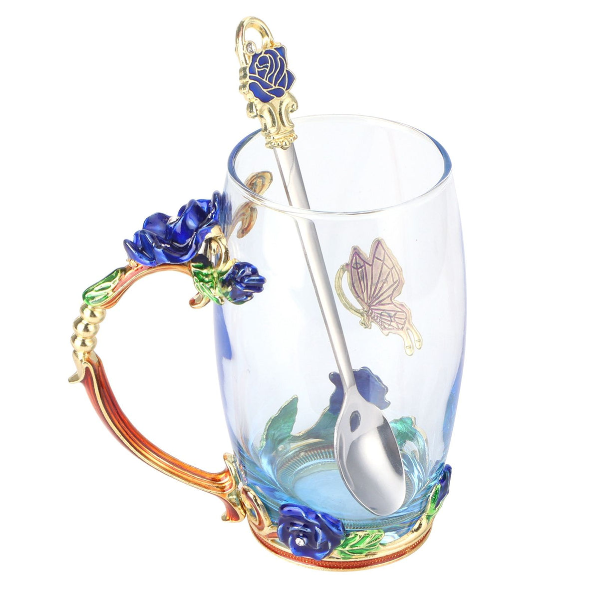 Glass Cup Innovative Flower Tea Cup with Spoon Drink Mug Birthday Christmas Festive GiftsBlue Rose 350ML