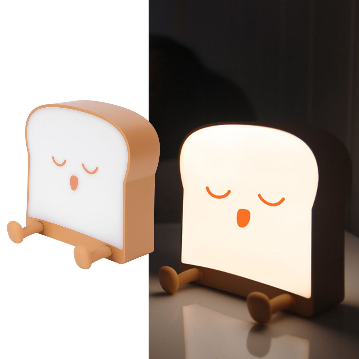 USB Night Light Mini Cute Cartoon Bread‑Shaped Bedside Lamp Phone Holder Stand Brown