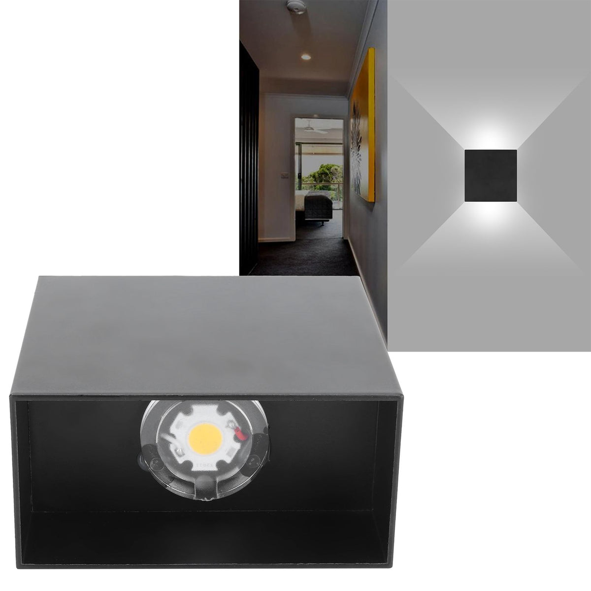 LED Wall Light 7W Indoor Square Lamp Bedroom Hallway Porch Balcony Decoration 100265V(Black ShellWhite Light )
