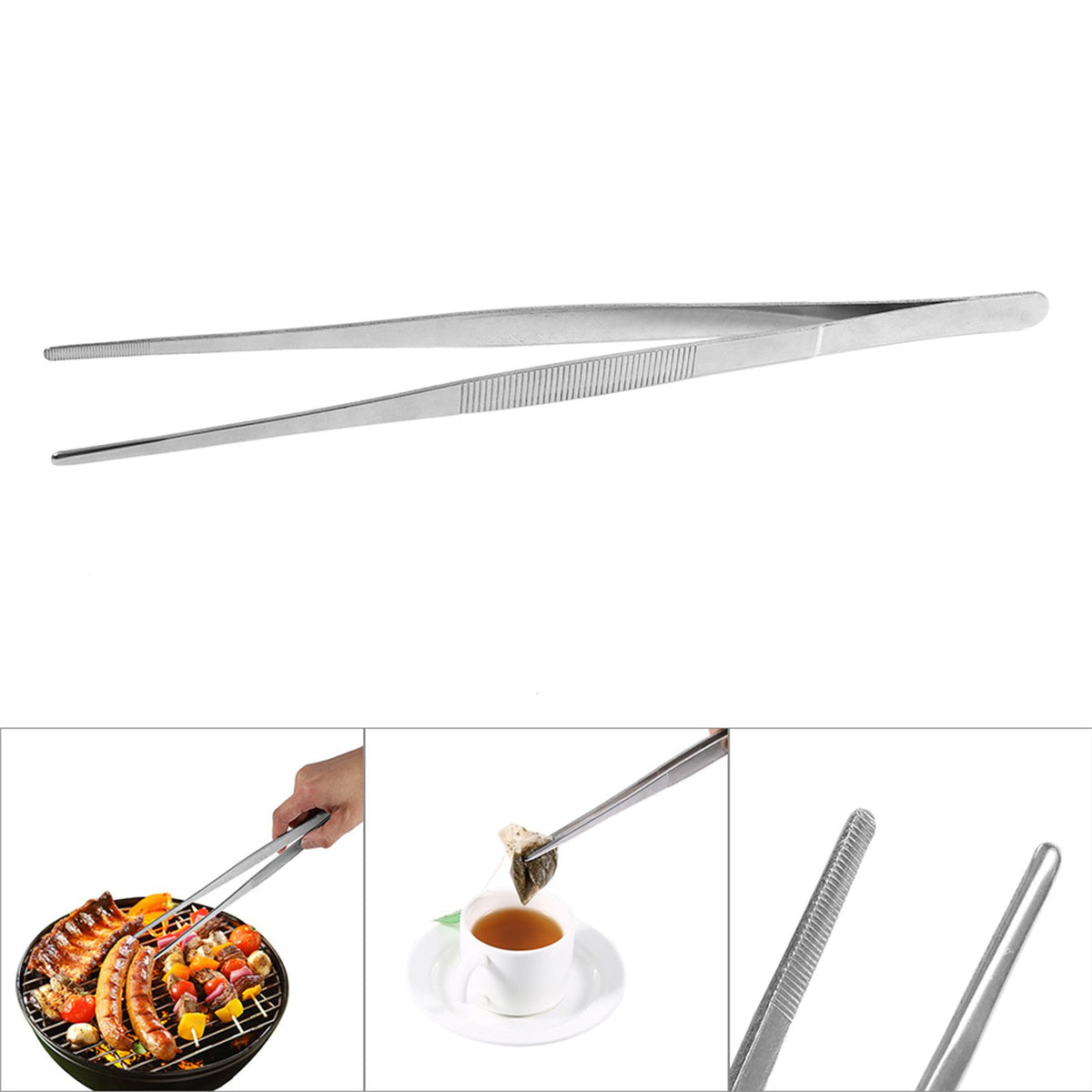 Stainless Steel Silver Long Food Tongs Straight Home Medical Tweezers Garden Kitchen Tool 30cm