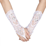 Retro Syle Ivory Lace Flower Bride Bridal Rhinestone Sexy Fingerless Gloves Wedding White