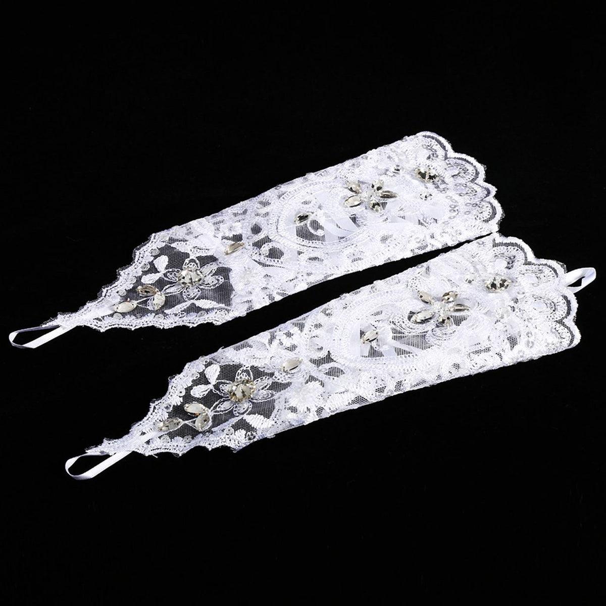 Retro Syle Ivory Lace Flower Bride Bridal Rhinestone Sexy Fingerless Gloves Wedding White