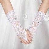 Retro Syle Ivory Lace Flower Bride Bridal Rhinestone Sexy Fingerless Gloves Wedding White