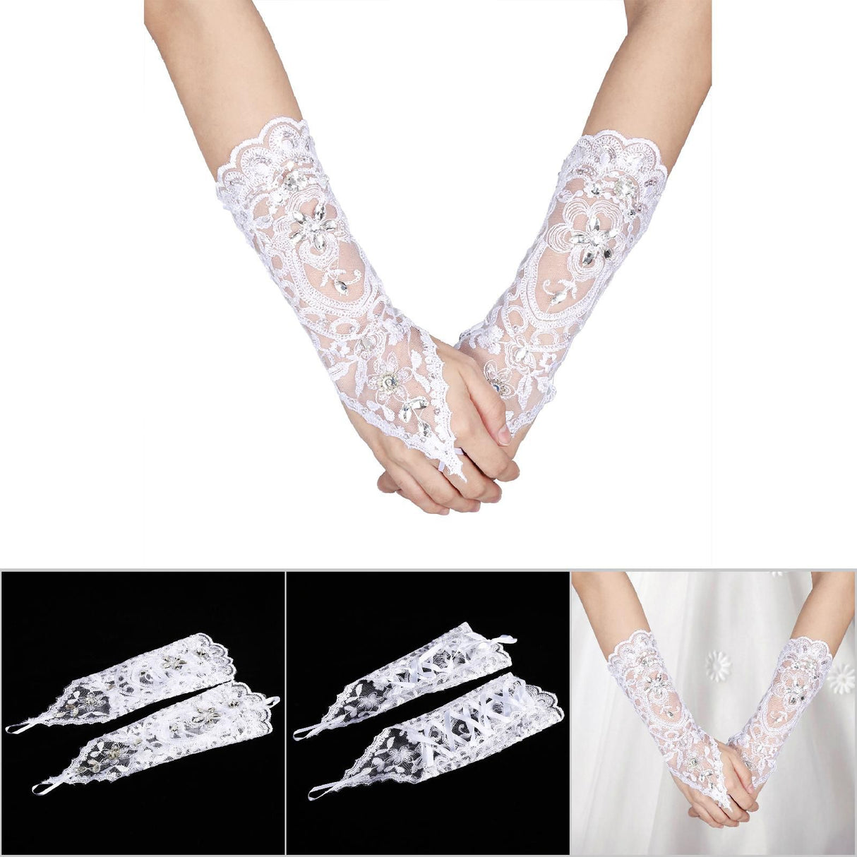 Retro Syle Ivory Lace Flower Bride Bridal Rhinestone Sexy Fingerless Gloves Wedding White