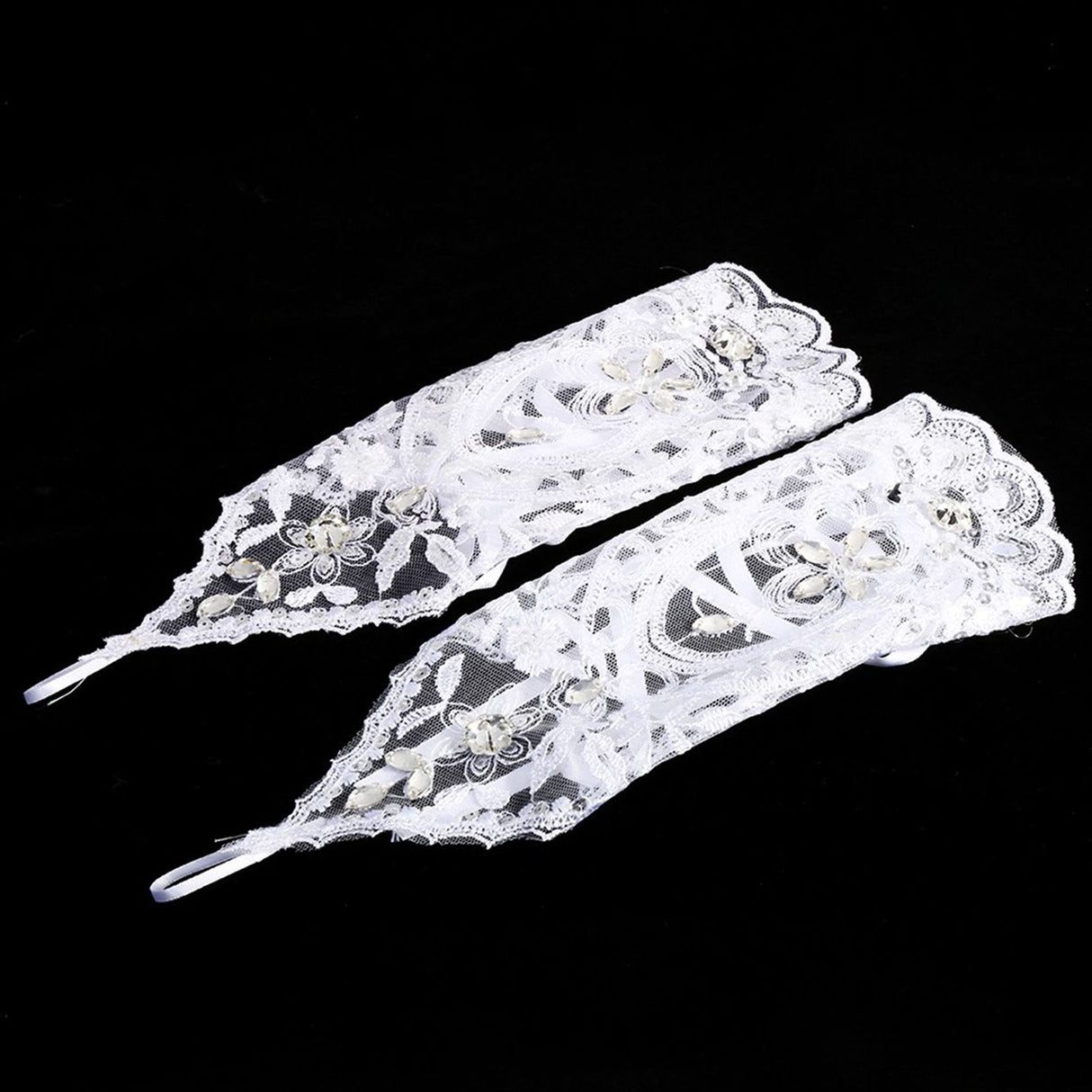 Vintage Syle Ivory Lace Flower Bride Bridal Rhinestone Sexy Fingerless Gloves Wedding Ivory