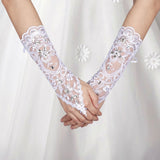 Vintage Syle Ivory Lace Flower Bride Bridal Rhinestone Sexy Fingerless Gloves Wedding Ivory