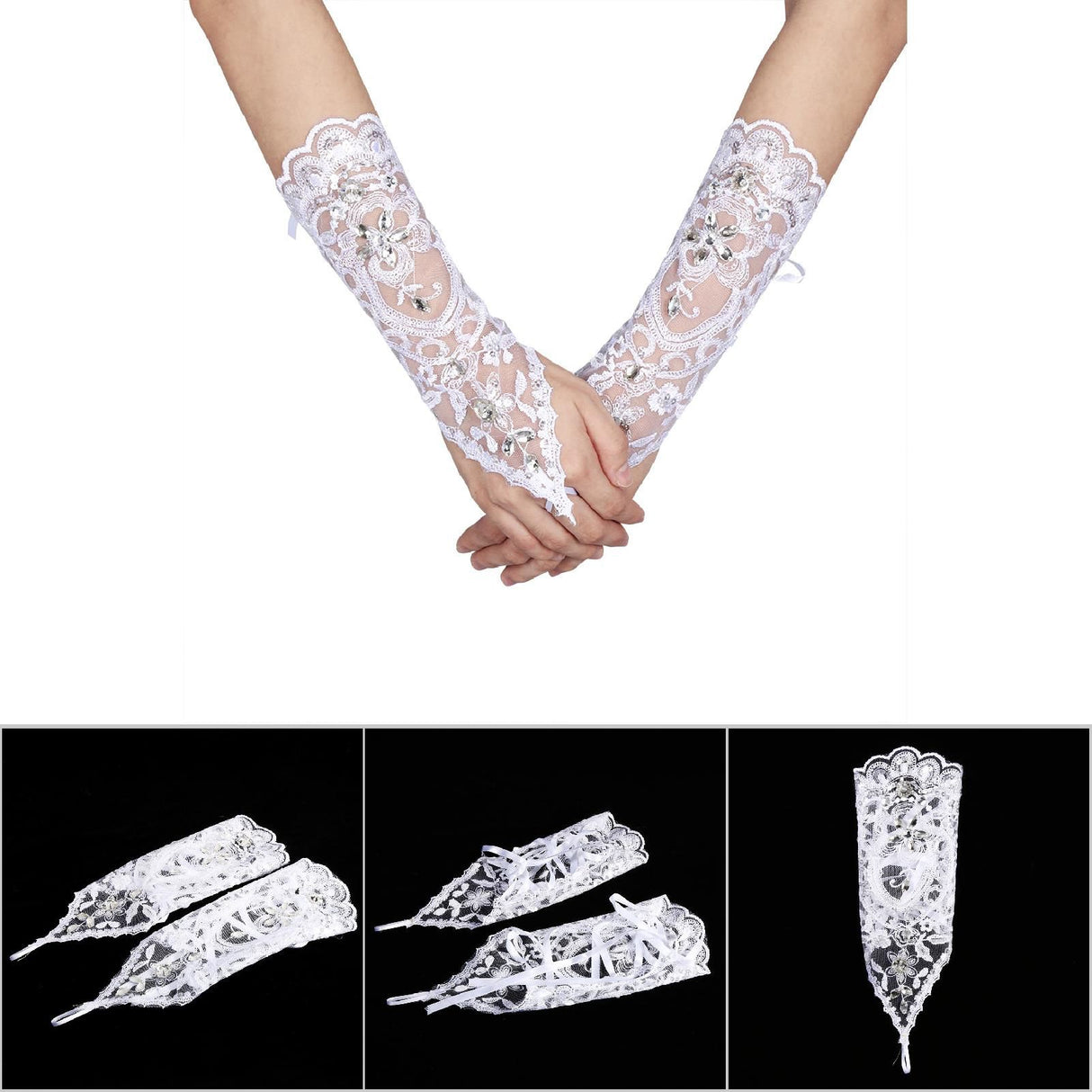 Vintage Syle Ivory Lace Flower Bride Bridal Rhinestone Sexy Fingerless Gloves Wedding Ivory