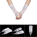 Vintage Syle Ivory Lace Flower Bride Bridal Rhinestone Sexy Fingerless Gloves Wedding Ivory - Rear View