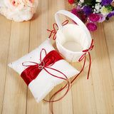 Flower Girls Basket and Ring Pillow Set Satin Bowknot for Wedding Party Decoration Red & Ivory
