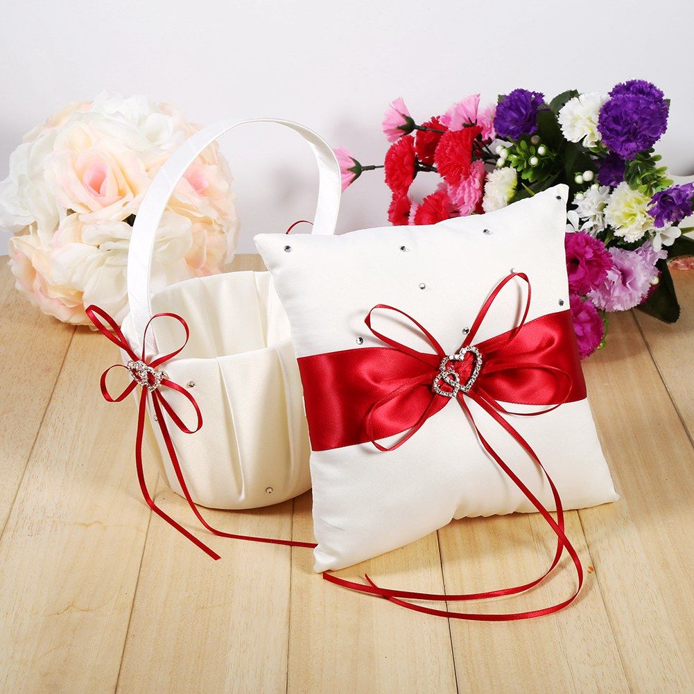 Flower Girls Basket and Ring Pillow Set Satin Bowknot for Wedding Party Decoration Red & Ivory