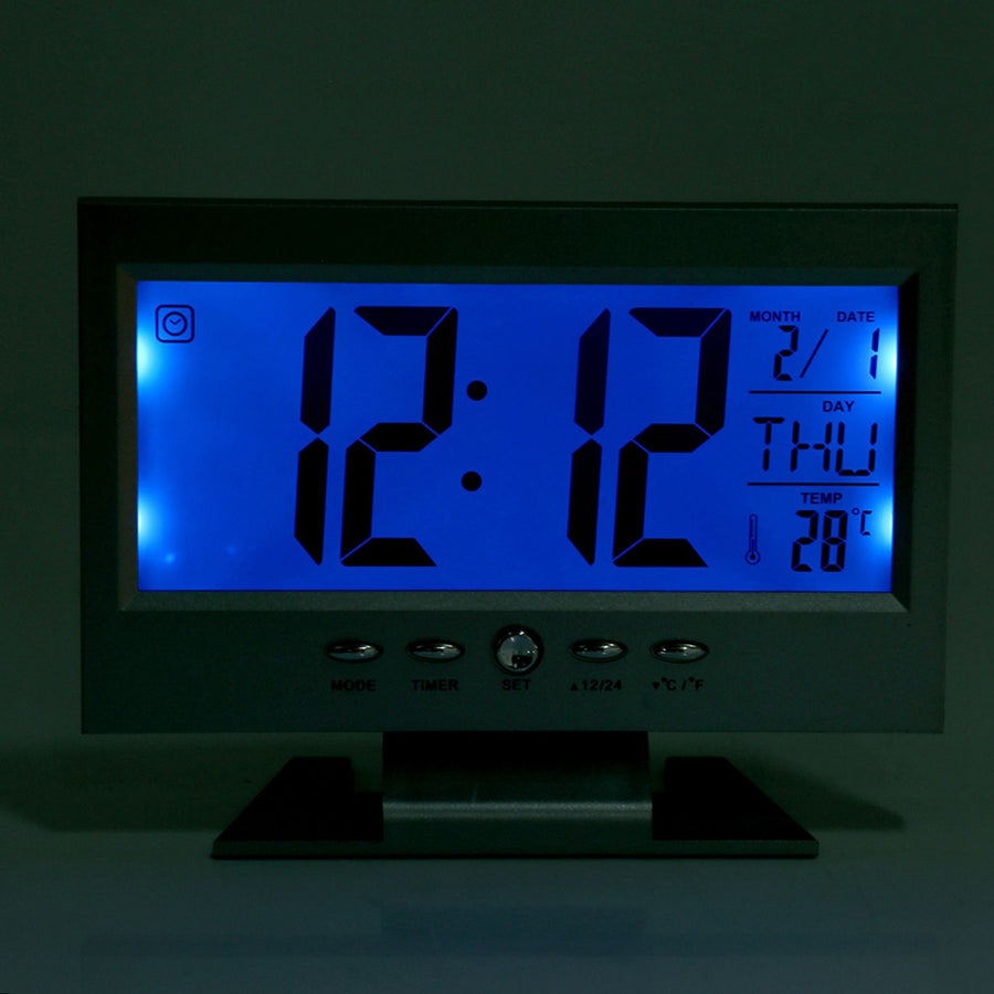 LCD Digital Sound Sensor Table Desk Alarm Clock with Calendar and Temp Display Silver