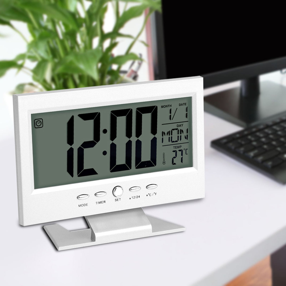 LCD Digital Sound Sensor Table Desk Alarm Clock with Calendar and Temp Display Silver