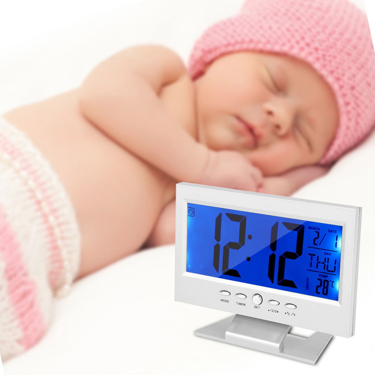 LCD Digital Sound Sensor Table Desk Alarm Clock with Calendar and Temp Display Silver