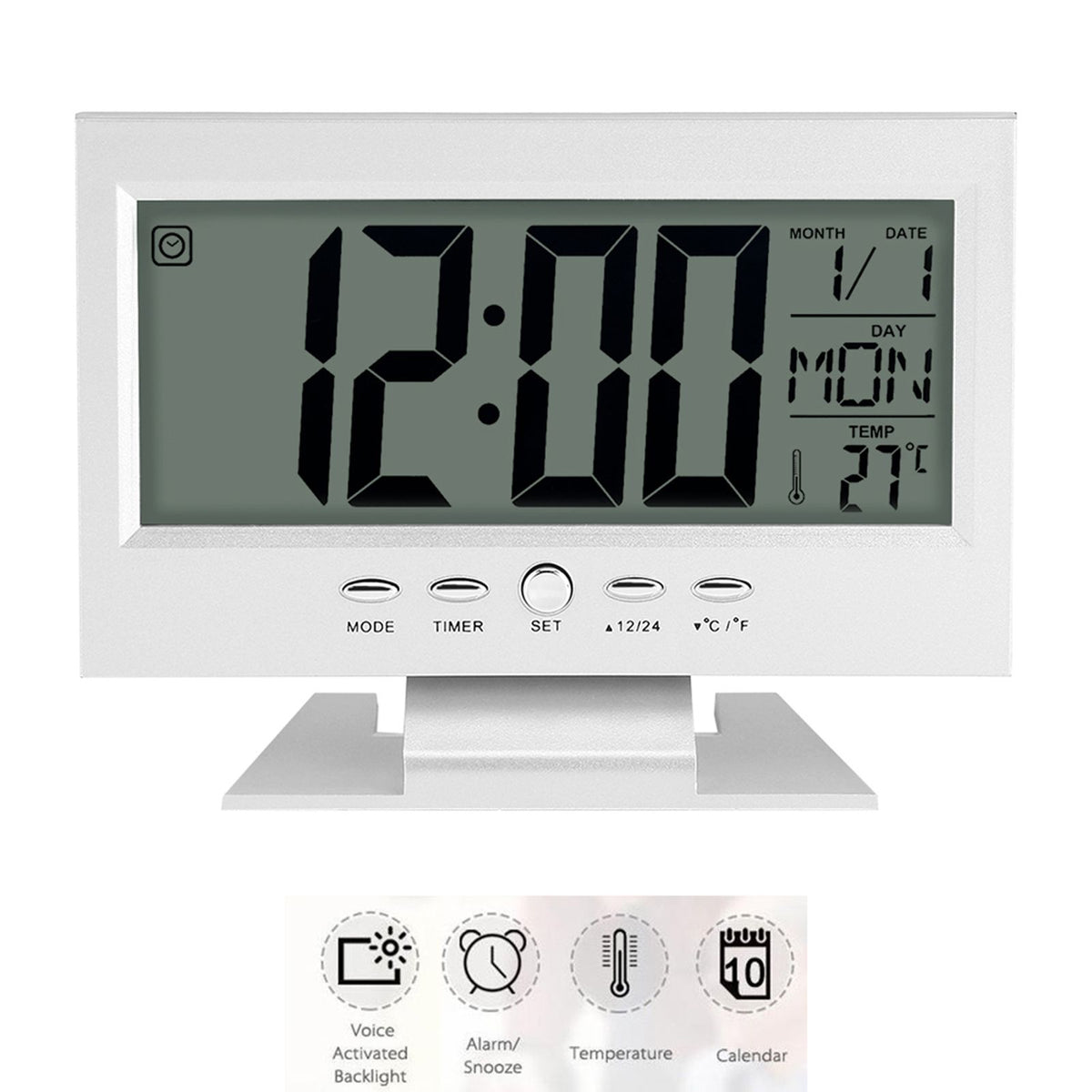 LCD Digital Sound Sensor Table Desk Alarm Clock with Calendar and Temp Display Silver